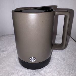 Starbucks Ceramic Travel Mug w/ Handle Gray Rubber Bottom Plastic Lid 14oz EUC